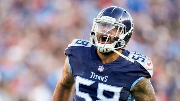 Tennessee Titans linebacker Harold Landry III (58) celebrates a sack during the first quarter of an AFC divisional playoff game at Nissan Stadium Saturday, Jan. 22, 2022 in Nashville, Tenn.
